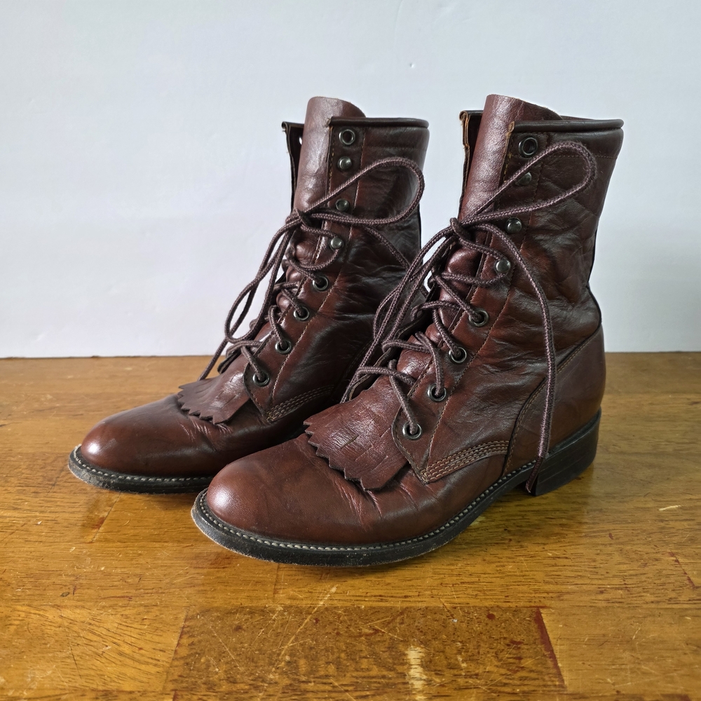V I N T A G E:: Justin Boots Women's Lace Up Boots - Dark Brown